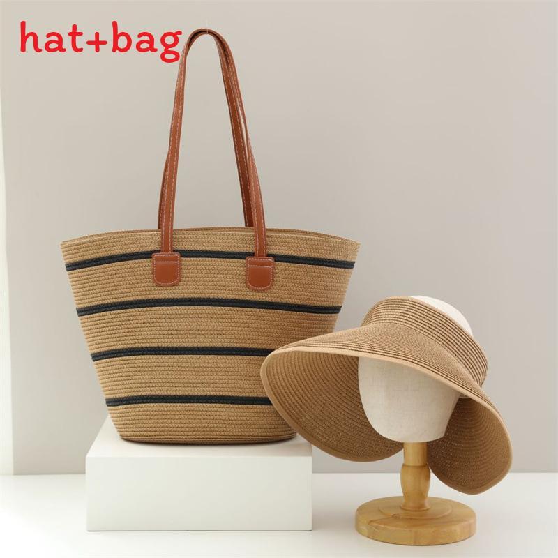 Woven Sun Hat And Large Capacity Straw Tote With Striped Pattern For Travel And Casual Wear