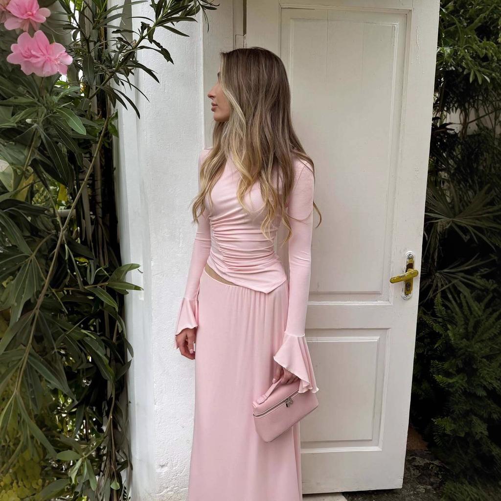 2025 Cross-border European and American Autumn New Round Neck Long-sleeved Lotus Leaf Sleeve Pleated Inner Tight Top Hip Skirt