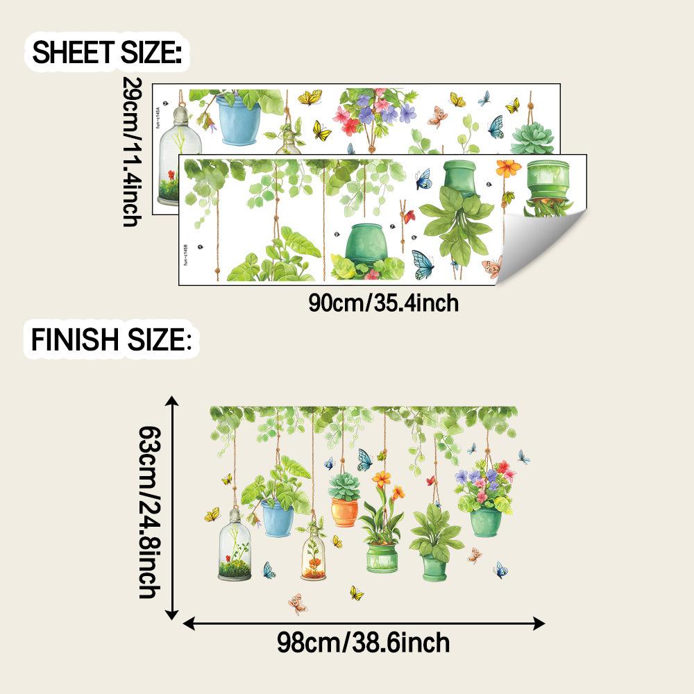 

Cartoon Flower and Green Plant Hanging Baskets, Green Leaves, Vines, Butterflies, Home Background and Wall Beautification Stickers