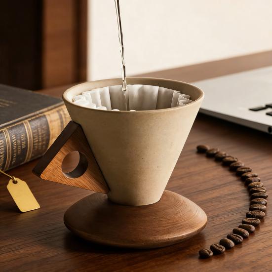 Yousheng Kreatives Kegel Kaffeetassenset mit Ergonomischem Griff Untersetzer aus Massivholz Hochtemperatur 250ml Keramik Kegelbecher für Espresso Latte Stilvoll