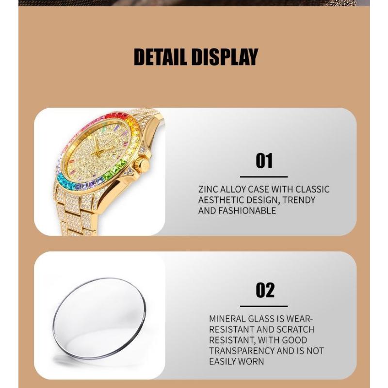 Luxury Gold Iced Out Men's Quartz Watch Rainbow Bezel Full Diamond Dial Hip Hop Bling Wristwatch for Men