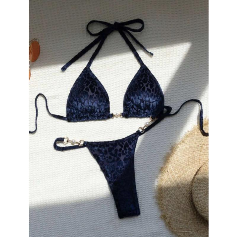 2025 Estate Brasiliana Donna Leopardo Perla Costume da Bagno Abbigliamento da Spiaggia Perizoma Set Due Pezzi Tessuto Speciale Scollo all'americana Costume da Bagno Bikini