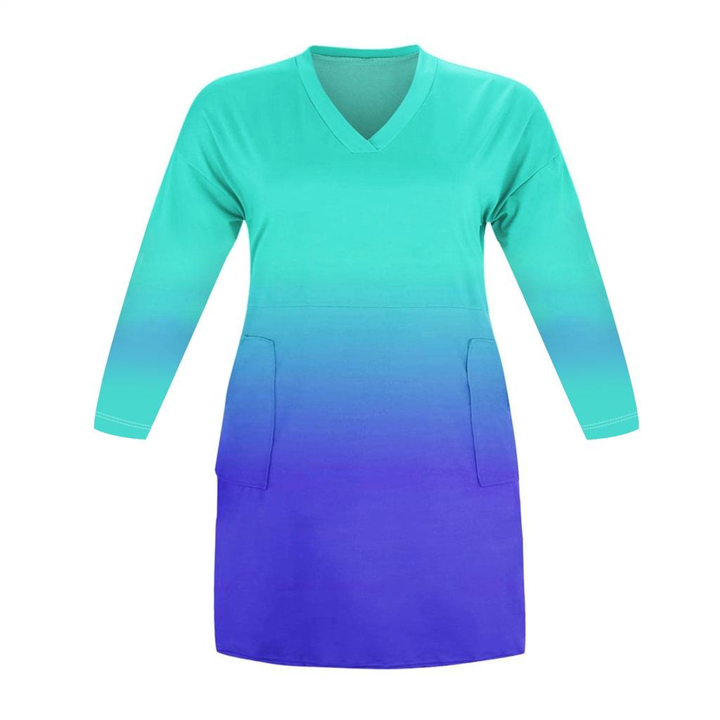 Women's Summer Plus Size V Neck Long Sleeve Knee Pocket Casual Dress