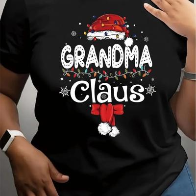 1 ud. Camiseta Navideña para Mujer Abuela Claus - Cuello Redondo Top Casual con Estampado Festivo, Manga Corta Tejido de Punto, Comf para Todas las Estaciones