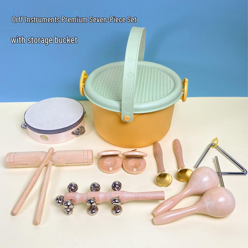 Children's Orff Percussion Instruments: Triangle, Castanets, Maracas, Tambourine, Wood Block, Cymbals