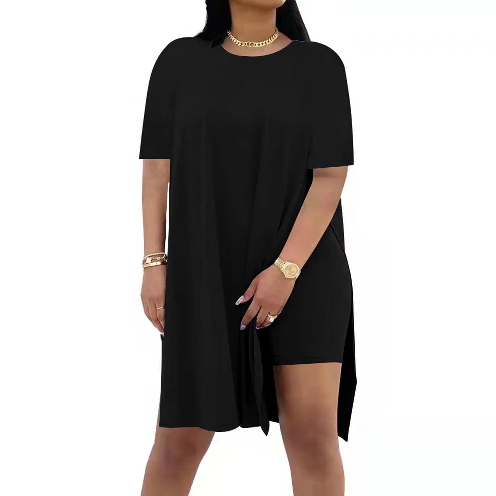 

Women Summer Two Piece Set Short Sleeve Loose Fit Top with Side Slit and Matching Shorts Casual Lightweight Lounge Wear M чёрный