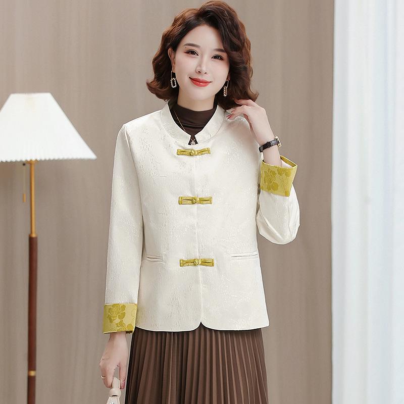 

Spring 2026 New Arrivals: Wide-Leg Tang Suit, Jacquard Retro Top for Middle-Aged & Elderly Women, Mom s Wear, New Chinese Style Jacket 4XL (135-145 jin) белый