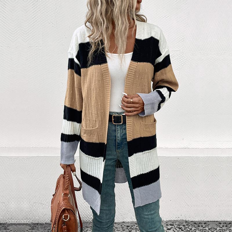 Women's Fashion Casual Colour Block Print Autumn Winter Long Sleeve Cardigans