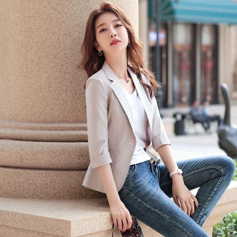 K-style Ol Young Casual One Button 3/4 Sleeve Pink Short Linen Small Suit Small Suit Outwear