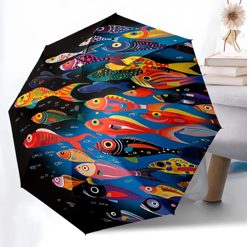 1pc Colorful Fish Automatic Folding Umbrella - Windproof Compact Travel Umbrella with Auto Open/Close, 8-Rib Heavy-Duty Shaft for Women/Men A002