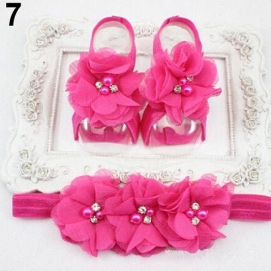 Cute Newborn Baby Infant Girl Rose Flower Headband + Barefoot Ring Sandals Shoes
