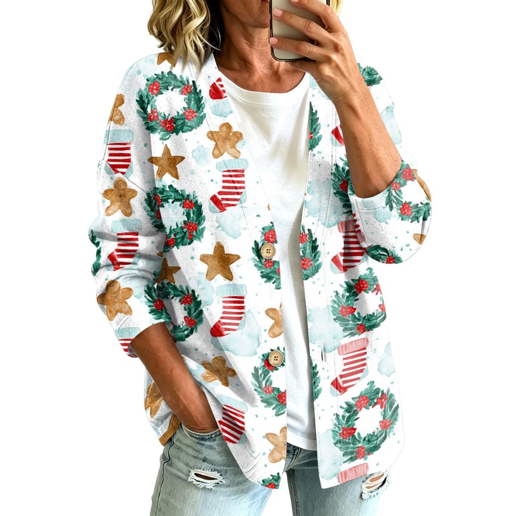 Women's Casual Christmas Print Button Jacket, Outerwear for Holiday Parties and Daily Wear