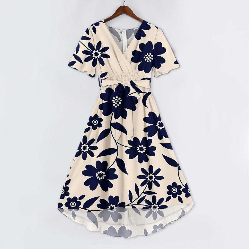 Women's Casual V Neck Short Sleeve Floral Print Dress Vintage Style Midi Length Lightweight Fabric Summer Dress