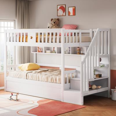 Wooden Bed 90*200CM, Hydraulic Lower Bed, Storage Staircase, Shelves, Loft Bed, Bunk Bed, Youth Bed, White
