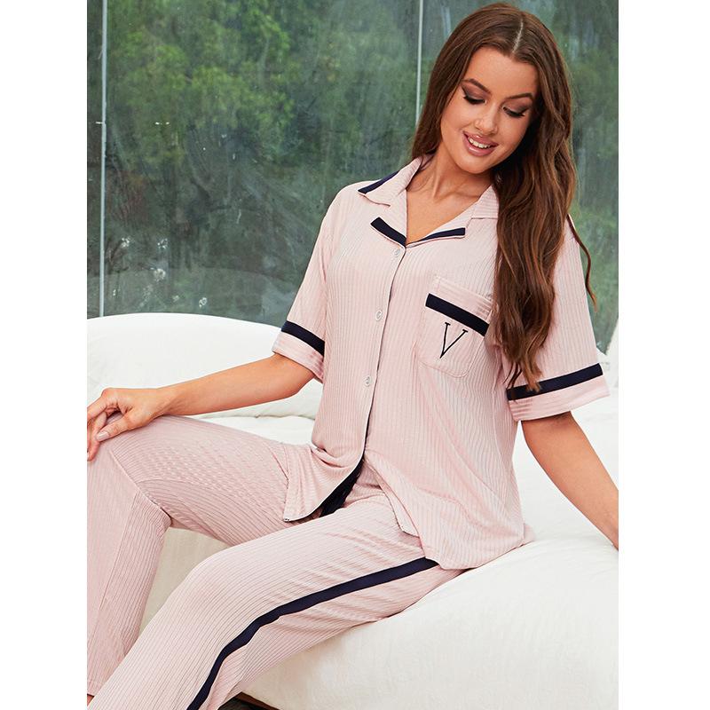 Pijamale confortabile lejere din bumbac cu dungi Modal Pit pentru femei, primăvară și vară, cu mânecă scurtă, lejer, set de lenjerie de pat
