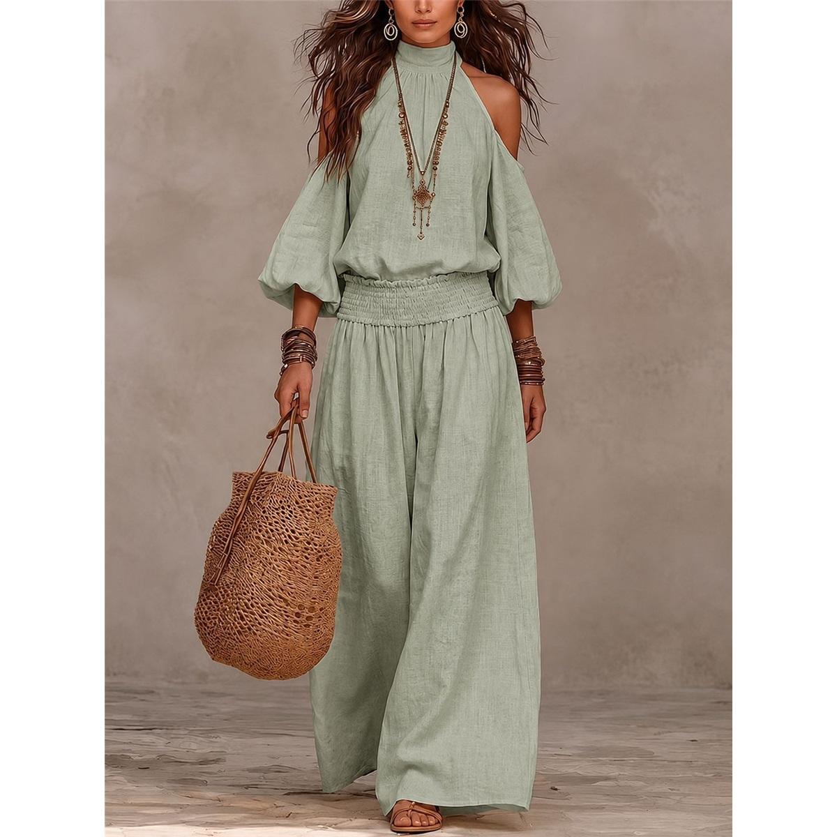 Damen 2-teiliges Outfit Halter Cold-Shoulder Puffärmel Oberteil Elastische Taille Weiter Hosenbein Bohemian Freizeit Set XXL kobaltblau