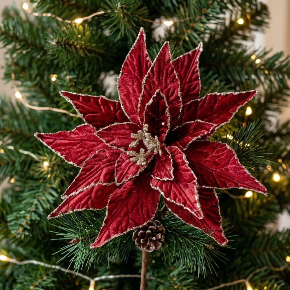 Handmade Flocked Poinsettia Floral 3 Layer Fake Flowers  Pick  Photo Props