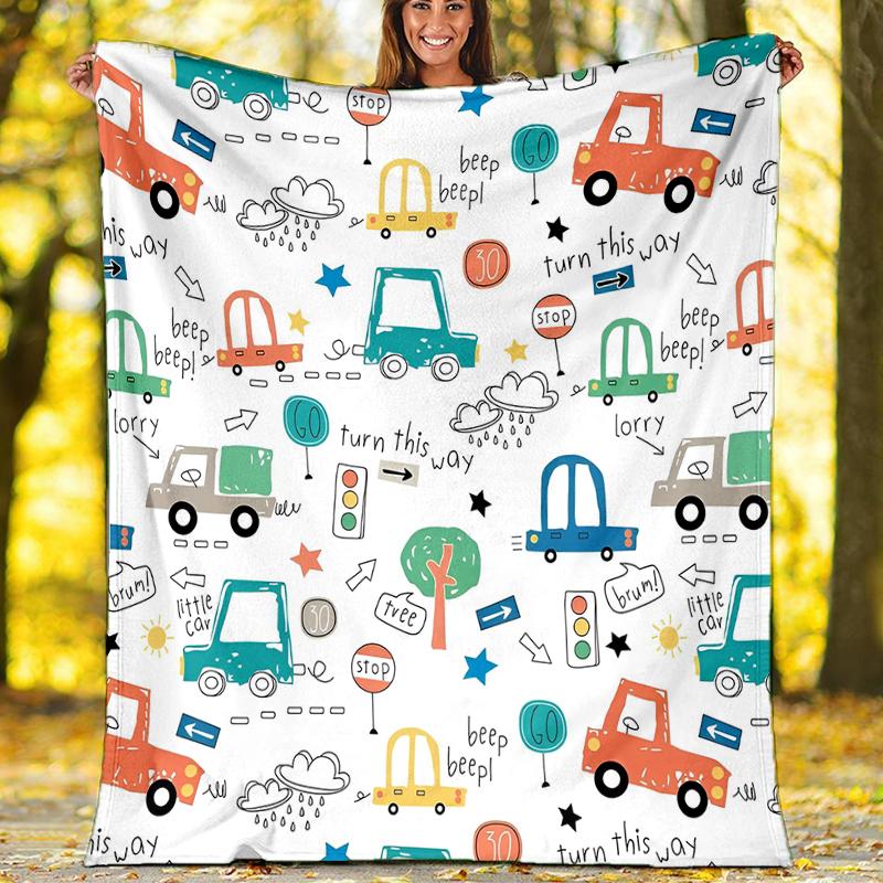 Cute Cars Theme Printed Blanket - Perfect for Couch, Bed, Travel & Outdoor Use | Machine Washable, Cozy & Durable.