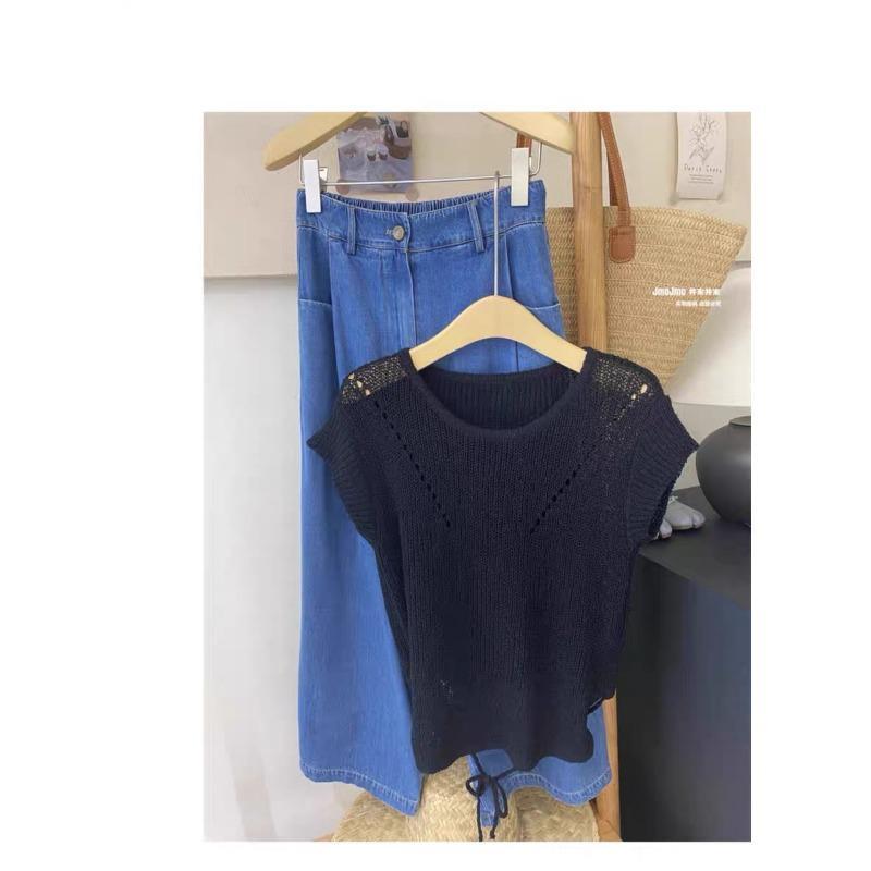 

Ice Silk Short-sleeved Sweater for Women Summer Thin New Style Fashionable Style Hollow Waist Short Top Onesize чорний