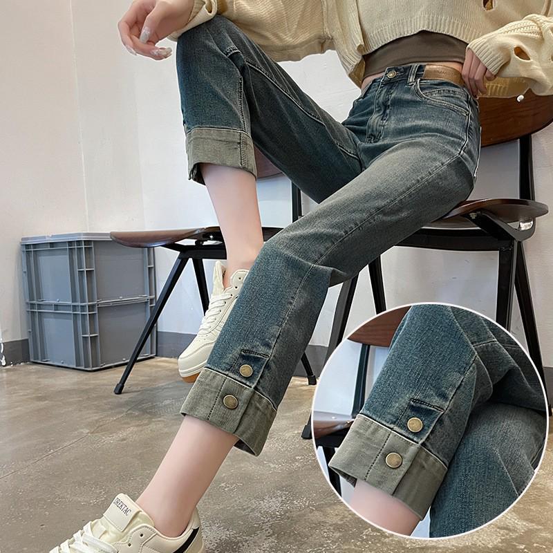 High-Waist Retro Slim Cigarette Jeans for Women - New 2024 Stretch Straight Pants, Nine-Point Length, Autumn Collection.