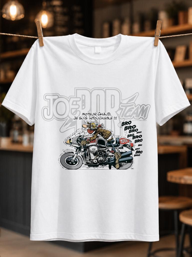 Joe Bar Team Motor Chaud Cartoon Biker On Motorcycle With French Speech Text And Repeated Bro Unisex All Tshirt