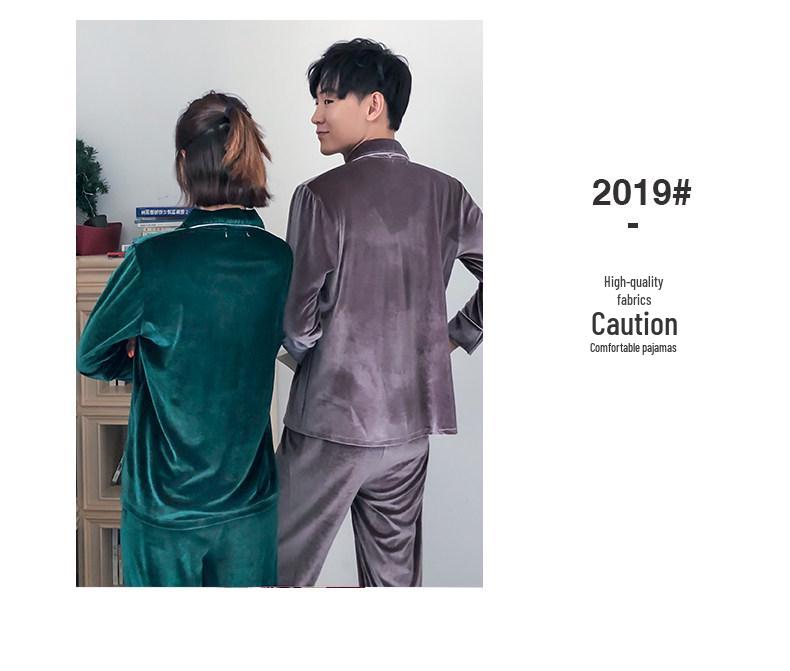 Couple's Gold Velvet Pajamas: Thin Fleece Two-Piece Set for Women & Men - Long Sleeve, Solid Color, Perfect for Spring & Autumn Homewear