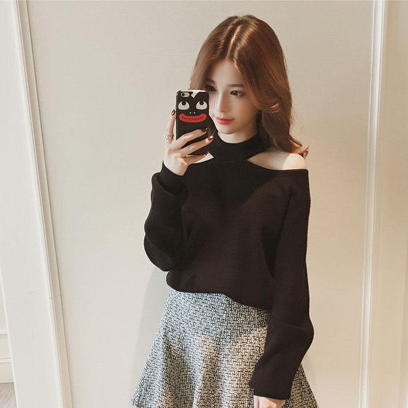 Sexy Hanging Neck Pullover Sweater Solid Color Casual Off shoulder Sweater Autumn Winter Korean Knitwear Long-sleeve Knitted Sweater Jacket Outer Wear