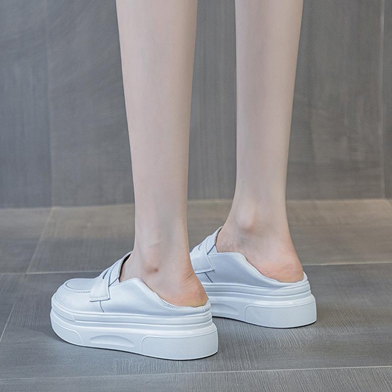Muffin Platform White Shoes Women's Spring and Autumn Single Shoes Leather Light Lazy One Pedal Two Wear Casual Shoes