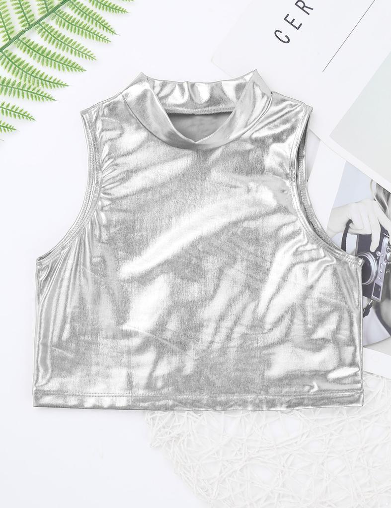 Girls Shiny Metallic Crop Tank Top Ballet Dance Jazz Hip Hop Performance Costumes