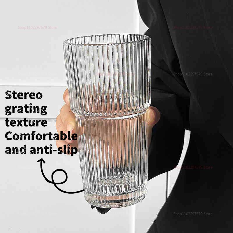 Große Kapazität Kaltgetränkebecher mit Deckel und Strohhalm vertikal gestreiftes Glas Wasserbecher Kaffeetasse stilvoller Trinkbecher