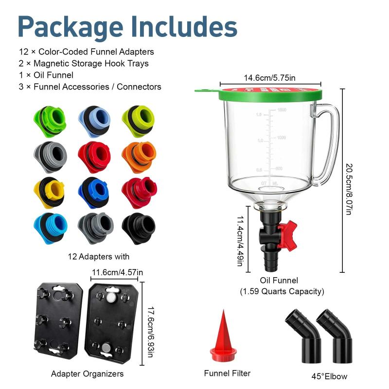 18-in-1 Spill-Proof Universal Auto Engine Oil Funnel Kit 12 Adapters Included for Most Vehicles Garage Use