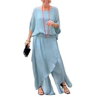 Women's Casual Two Piece Chiffon Set Plus Size Mother of Bride Dressy Suit Crew Neck Top Wide Leg Pant Flowy Wedding Guest Outfit