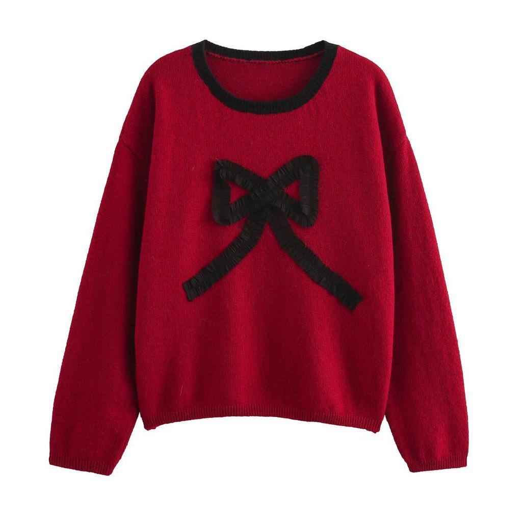 2024 Autumn Women's European & American Style 3D Bow Color Block Round Neck Knit Sweater