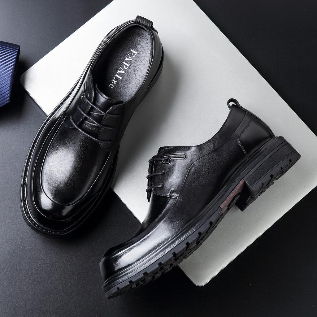 First Layer Cowhide Men's Leather Shoes Soft Sole Large Round Head Suit Leather Shoes Wear-resistant High-end Large Size Men's Lace-up Leather S