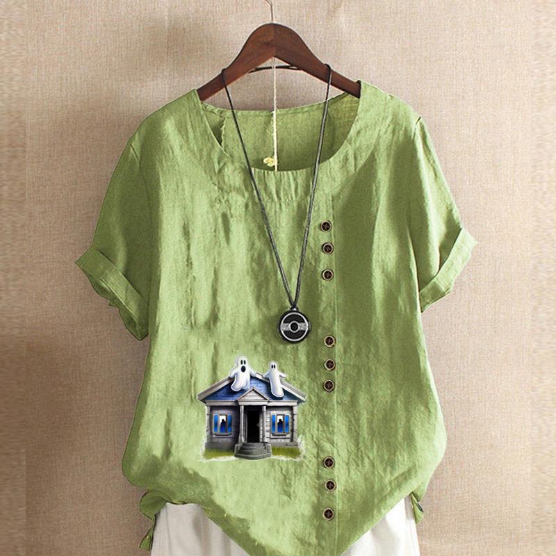 

Женская мода, футболка с круглым вырезом и коротким рукавом с принтом «Дом с привидениями», повседневная хлопково-льняная рубашка с рисунком, свободная летняя блузка для отдыха, топы 5XL зелёный