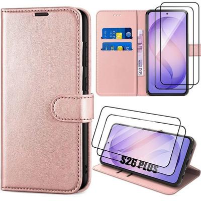 Case for Samsung Galaxy S26 Plus, Full Protection Luxury Pink Synthetic Leather - 2 Tempered Glasses