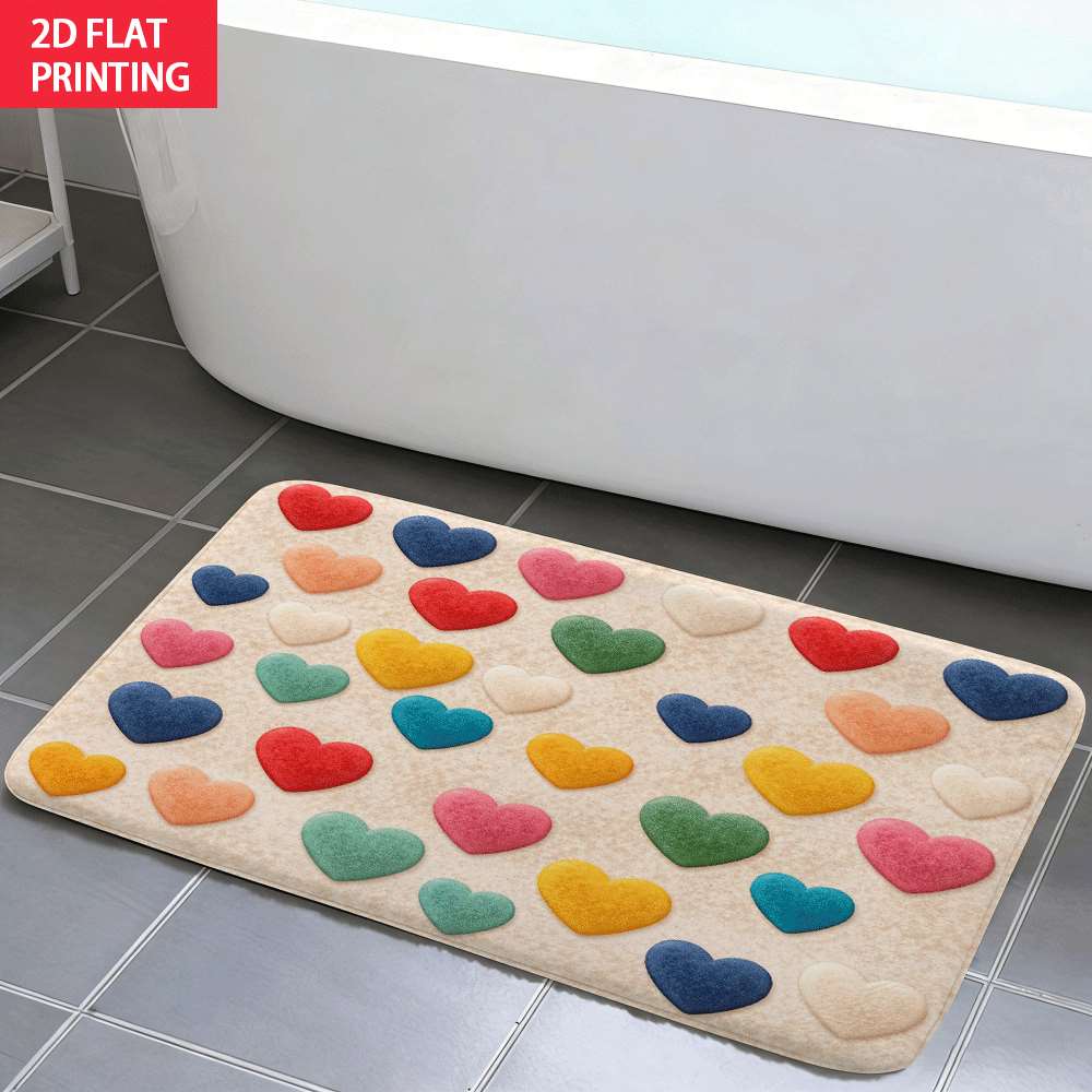 2D Flat Multicolor Hearts Pattern Cute Flannel Bath Mat Non Slip Love Theme Rug For Bathroom Kids Room Floor Decor