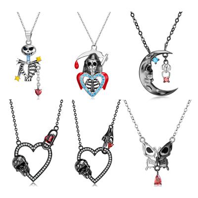 Schwarz-weiße Smiley-Schmetterlings-Totenkopf-Skelett-Anhänger-Halskette mit rotem CZ, 925er Sterlingsilber für Damen, Halskette, Schmuck, herzförmiger Anhänger, Geschenk