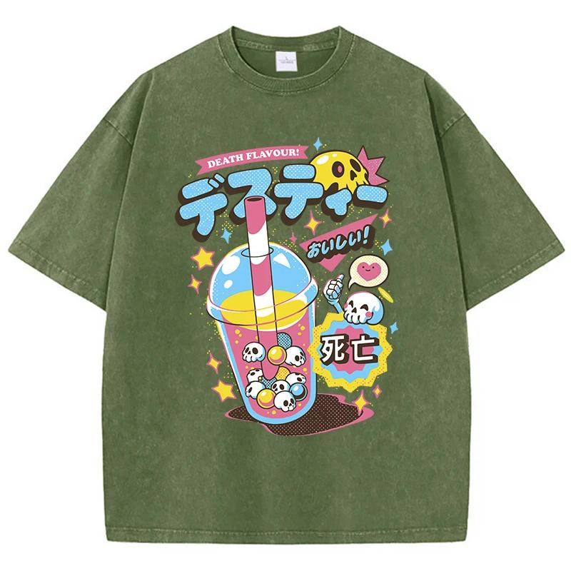 Fashion Woman Washed T-Shirts Funny Skull Drink Printing Short Sleeve Cotton Distressed Oversize Crewneck Tops Street Clothes