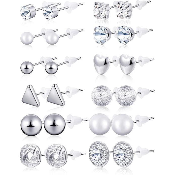 Kolip 12/24 Pairs Crystal Pearl Stud Earrings Set for Women Men