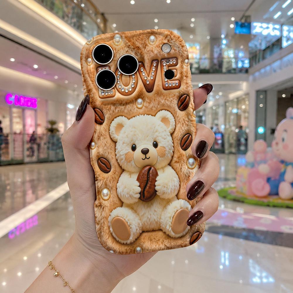 Teddy Bear Coffee Bean LOVE Rhinestone Wavy Edge Phone Case For iPhone 16 15 14 Pro Max 13 12 11 Mini XR XS SE 2020 7 8 Plus Air Cover