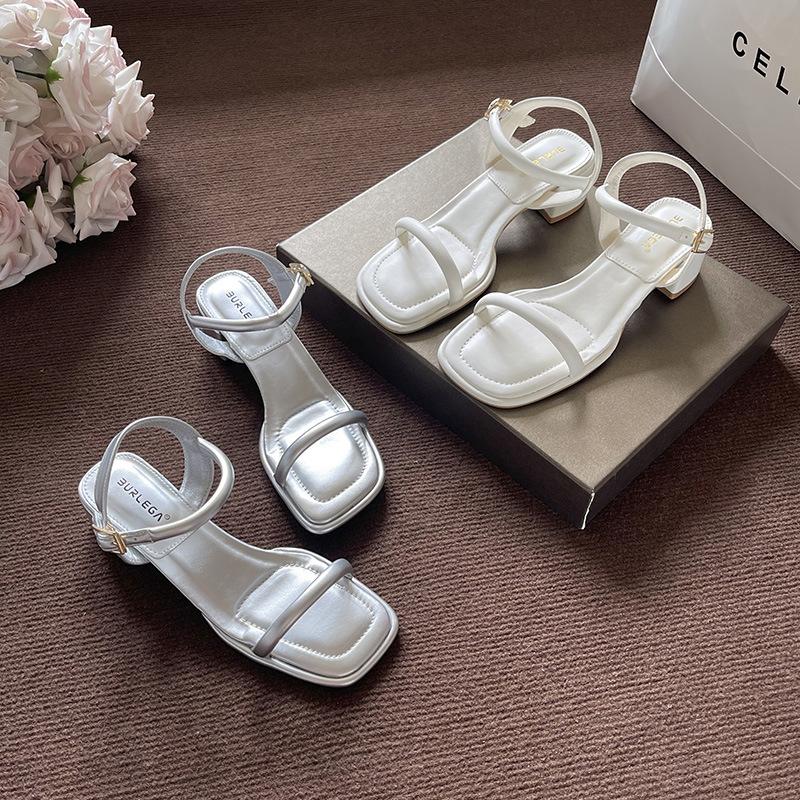 High-heeled Sandals Women's Summer New Silver Heel One-word Buckle Strap Open-toed Thick-heeled Sandals Women
