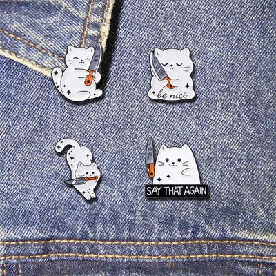 Cute Cat Brooch Enamel Pin Kitty Holding Knife Lapel BackpackPin Say That Again Badge Jewelry Decoration