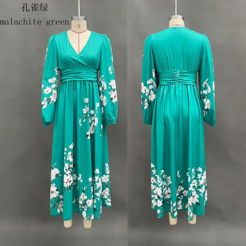 European and American women's clothing new digital printing flower V-neck pleated long-sleeved dress women