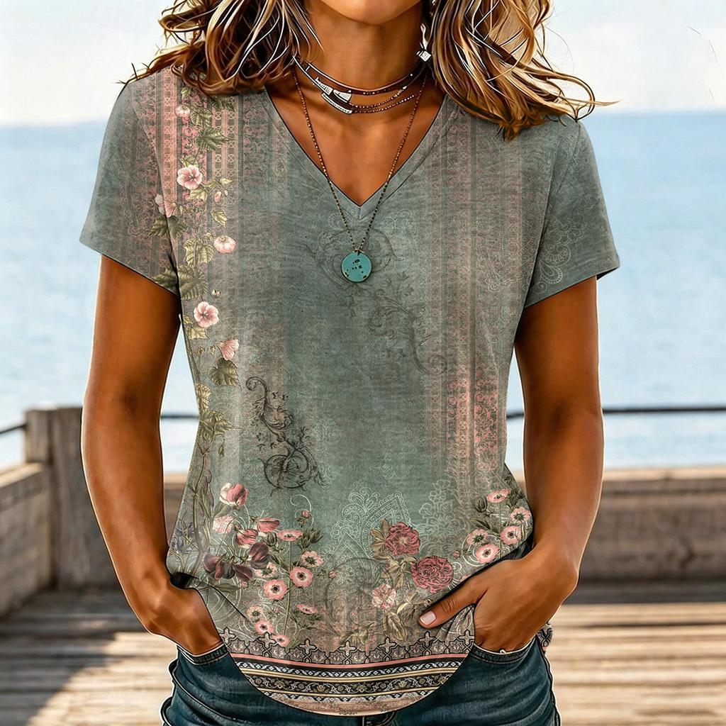 Women Casual V Neck Floral Print T Shirt Short Sleeve Lightweight Loose Fit Top for Everyday Wear