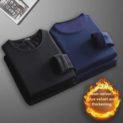Men's Plus Velvet Thick Warm Long-Sleeved Round Neck T-Shirt for Autumn and Winter