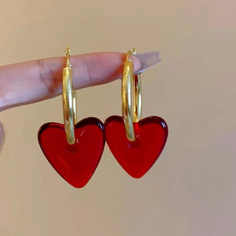 Elegant Red Heart Drop Earrings for Women Exaggerated Resin Large Love Round Ear Buckle Earrings Vintage Jewelry Accessories