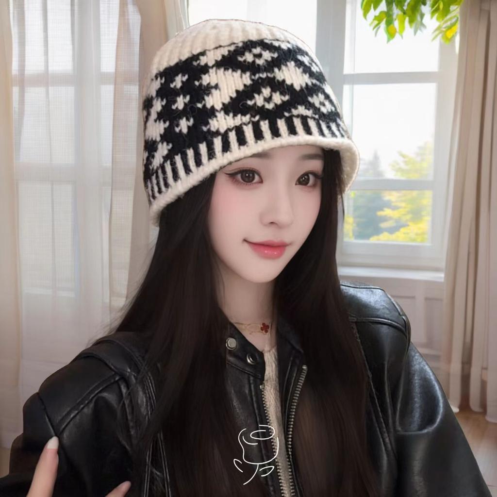 Retro, Diamond Grid Knitted Woolen Hat, Women, Winter, Big Head Circumference, Small Face, Warm and Cold Proof, Hooded Hat, Winter Warm Hat