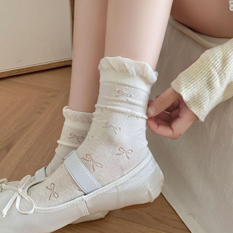 3 Pairs Spring/Summer Women's Thin Hollow-Out Mid-Calf Socks Ballet Bubble Tongue Lace Socks for Girls Women
