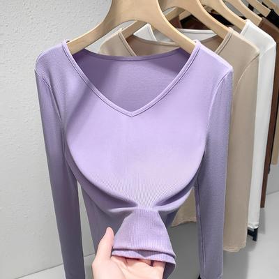 T-shirt de base côtelé pour femme, nouveau t-shirt à manches longues col en V, temperament féminin, haut à taille intérieure élastique